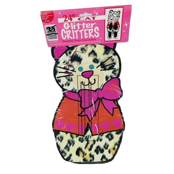 VTG 1995 NOS Eureka Glitter Critters 24" Cat Die Cut Valentine Hanging Tissue - Picture 4 of 8